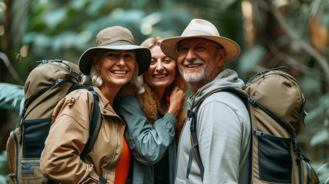 Group of elderly hikers friends, looking camera with happiness on forest trail, backpacks and hiking attire celebrate retirement of golden year through outdoors activity, senior health care lifestyle