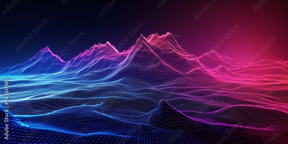 Poster a digital art representation of a mountain range with a wireframe design, illuminated in vibrant pin