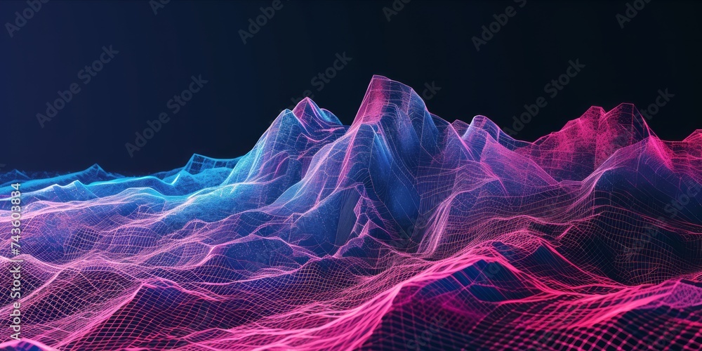 Poster a digital art representation of a mountain range with a wireframe design, illuminated in vibrant pin