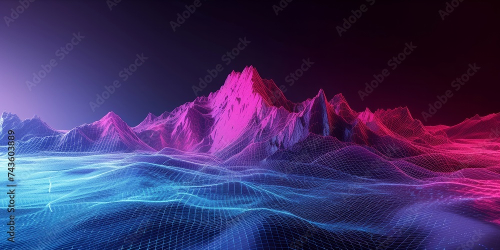 Poster a digital art representation of a mountain range with a wireframe design, illuminated in vibrant pin