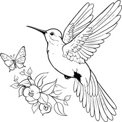 Hummingbird with flowers and butterflies. Black and white vector illustration.