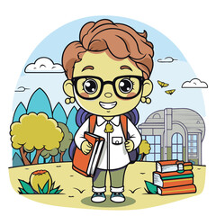 Cute schoolboy with books in the park. Vector illustration.