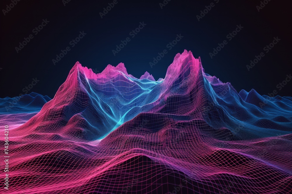 Poster a digital art representation of a mountain range with a wireframe design, illuminated in vibrant pin
