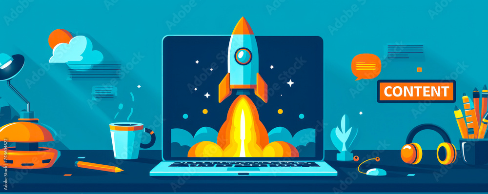 Poster digital content creation concept with a rocket launch graphic on a laptop screen, indicating dynamic