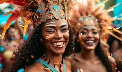 Joyful women in vibrant carnival costumes with feathers celebrating with laughter and dance amidst a shower of confetti at a festive parade - obrazy, fototapety, plakaty