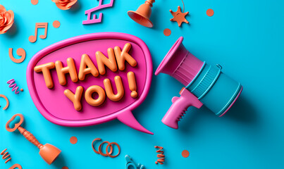 Appreciation message THANK YOU! in bold letters on a speech bubble cutout, placed on a vibrant blue background, symbolizing gratitude and acknowledgment