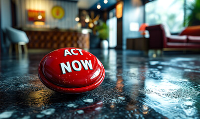A 3D rendered red button with the words ACT NOW symbolizes urgency, immediate action, response, and the importance of taking swift decisive steps - obrazy, fototapety, plakaty