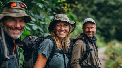 Fototapeta premium Cheerful elderly senior tourist man leads a multigenerational group of people, healthy retired male using experience hiking to start new occupation tourist guide hiker outdoor activities exploration
