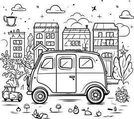 Vintage retro car in the city. Hand drawn vector illustration.