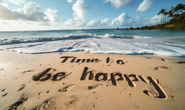 Inspirational message Time to be happy handwritten in the sand on a beautiful beach with waves approaching, symbolizing peace, relaxation, and seizing the moment