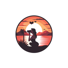 Woman sitting on the beach at sunset. Vector illustration in flat style