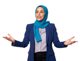 Professional Businesswoman in Hijab Presenting with Open Hands, Isolated on Transparent
