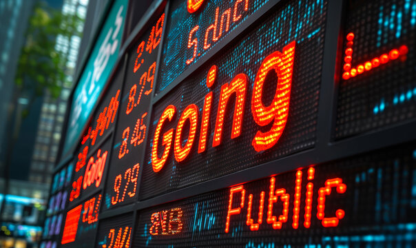 Going Public illuminated text on stock market LED display indicating a company's initial public offering (IPO) amidst financial data