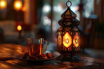 Fototapeta na wymiar arabic lantern on a wooden table with dates on plate and glass of tea. ramadan kareem holiday celebration concept