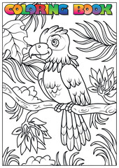 coloring book for children - a parrot sitting on a tree in the jungle