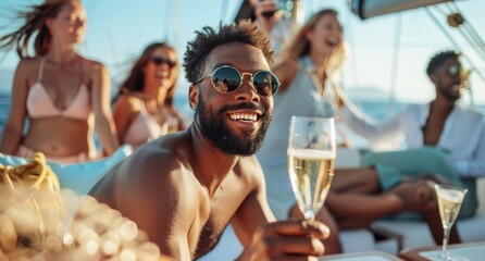 Friends toasting with champagne on a yacht at sunset, epitome of a joyful summer getaway. Atmosphere of carefree enjoyment and the essence of a memorable holiday with friends.