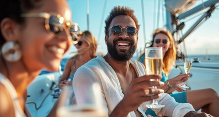 Group of diverse friends having fun together and drinking champagne while sailing in the sea on...
