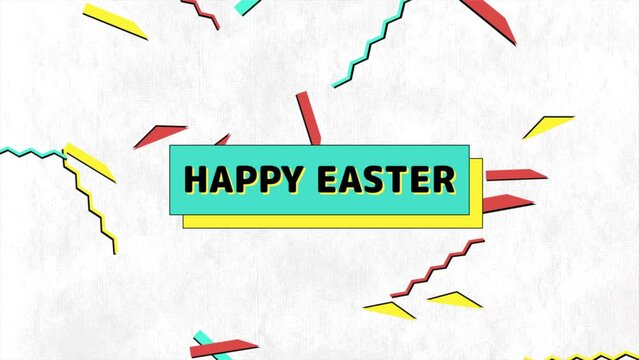 A vibrant background with colorful geometric shapes and the words Happy Easter in a bold, colorful font. Celebrate Easter with this cheerful image