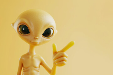 Portrait of a cute cartoon alien space character pointing. 3D render style