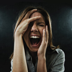 Face, stress and horror with woman screaming in studio on black background for reaction to fear....
