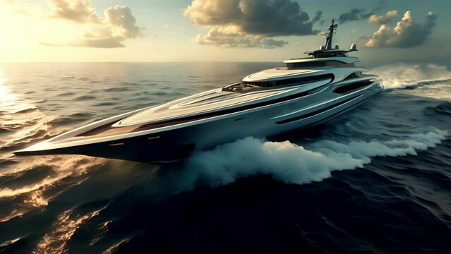A majestic yacht gliding across the ocean its sophisticated gyroscopic stabilization keeping it level and stable even as it hits high speeds.