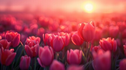 Panoramic landscape of blooming tulips field illuminated in spring by the sun.
