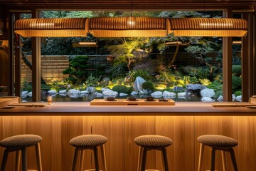 A traditional Japanese sushi bar interior, with warm lighting and a view of the serene garden outside, providing an authentic dining experience.