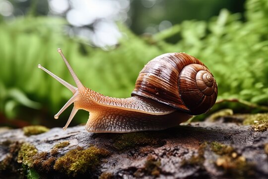 Snail with brown striped shell crawling on the forest ground. Ai Generative