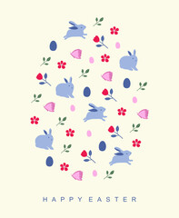 Happy Easter elements pattern design in egg shape greeting card on a white background. rabbit flowers spring butterfly eggs leaf. pink blue.