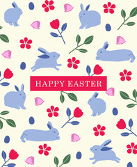 Happy Easter elements pattern design greeting card on a white background. rabbit flowers spring butterfly eggs leaf. bright color invitation