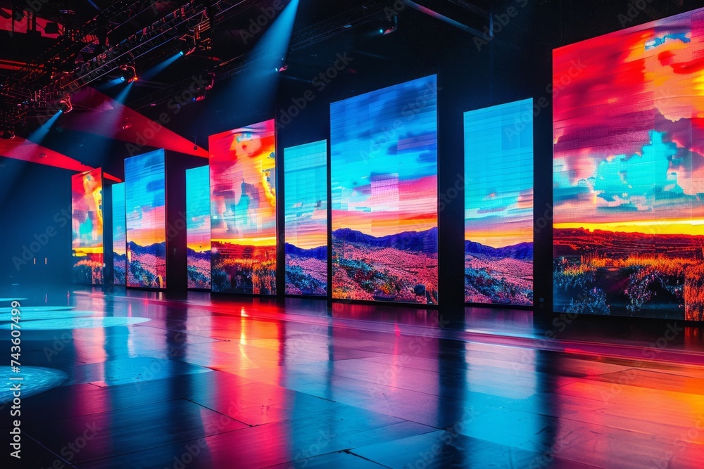 Poster a modern stage set for a performance or event, with multiple large screens displaying vibrant landsc