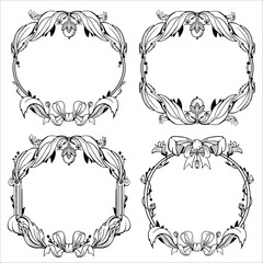 Set of circle floral frames. Vintage black ink style frame.  For beauty salon, cosmetics and postcards.