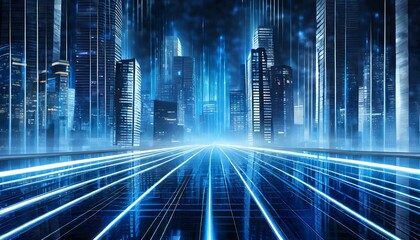 Modern city night skyline with skyscrapers. Abstract background with blue tone, with horizontal light stripes and urban environment reflections. Banner header image.