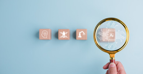 Programmer people working laptops or smartphones with AI, artificial intelligence software engineer coding on laptop computers with technology icons and binary code, big data, Ai bot digital machine