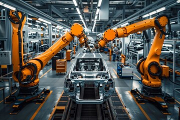 Car manufacturer. Car Factory Digitalization Industry. Automated Robot Arm Assembly Line Manufacturing High-Tech Electric Vehicles.