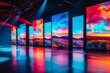 A modern stage set for a performance or event, with multiple large screens displaying vibrant landscapes and dynamic lighting illuminating the scene.