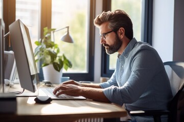 Man, programmer, web developer or designer, sitting at a desk in an office and working on a computer.