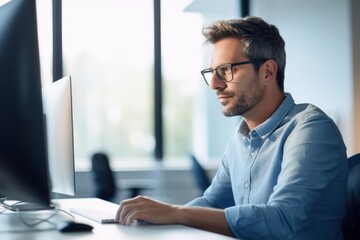 Man, programmer, web developer or designer, sitting at a desk in an office and working on a computer.