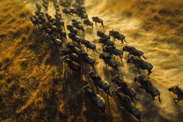 Wildebeest migration in the Masai Mara, aerial shot