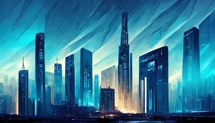 Fototapeta na wymiar Modern city skyline with skyscrapers. Abstract background with blue tone, with urban ambient lights. Banner header image.