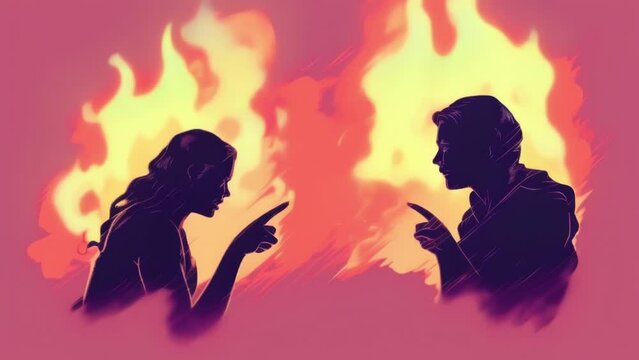 Two people in a heated argument pointing fingers at one another. Psychology art concept. .