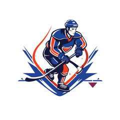 Ice hockey player with the stick and puck on ice. Vector illustration.
