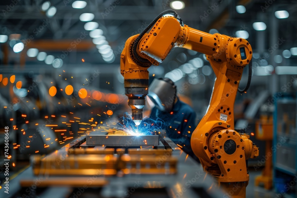 Poster engineer check and control welding robotics automatic arms machine in factory automotive industrial.