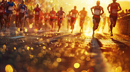 Athletes running in the bright rays of the sun. A mass race. - obrazy, fototapety, plakaty