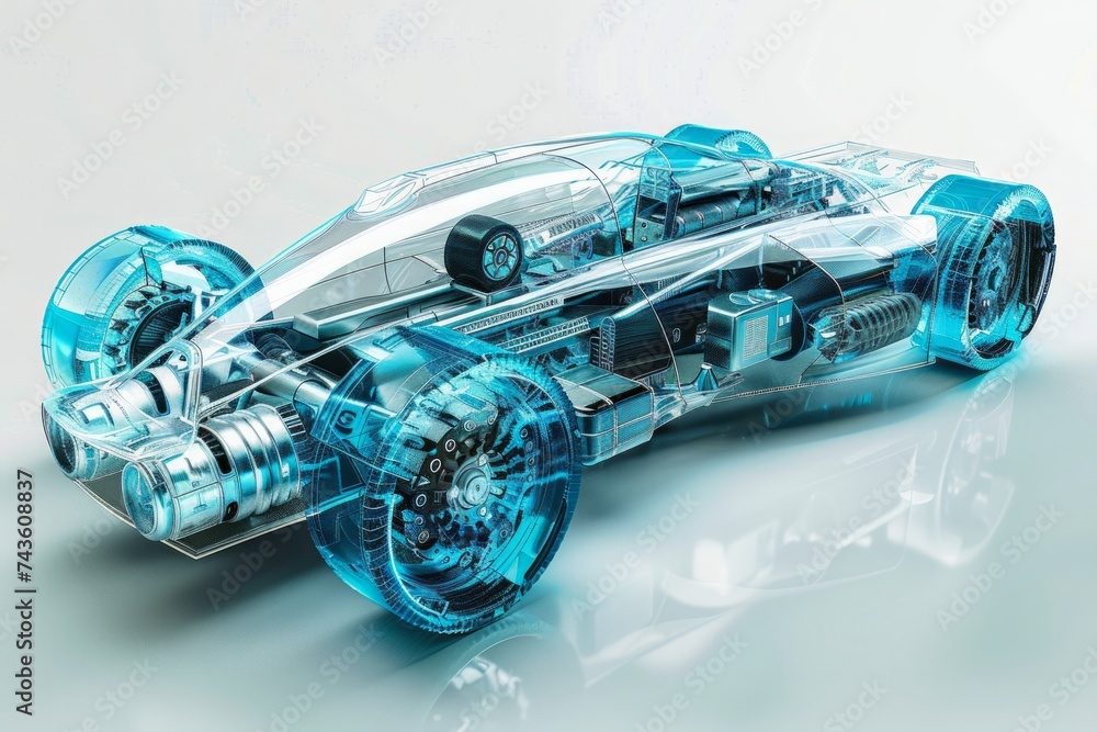 Poster a transparent car design rendering that showcases the intricate internal mechanics and structure of 