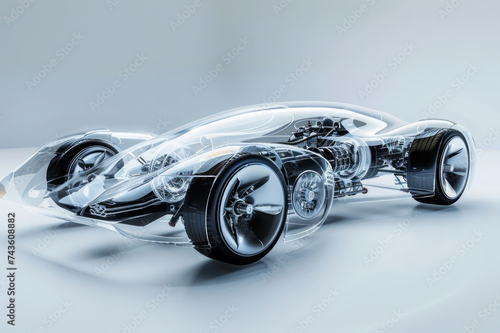 Aufkleber a transparent car design rendering that showcases the intricate internal mechanics and structure of 