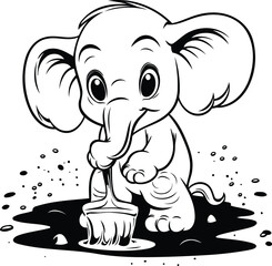 Cute Elephant Cleaning the Floor - Black and White Cartoon Illustration. Vector