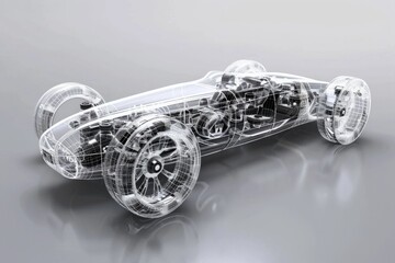 A transparent car design rendering that showcases the intricate internal mechanics and structure of a modern vehicle, presented in a sleek, futuristic style.