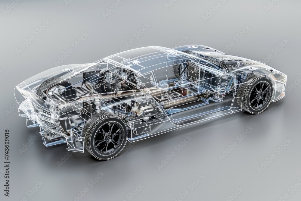 Aufkleber a transparent car design rendering that showcases the intricate internal mechanics and structure of 