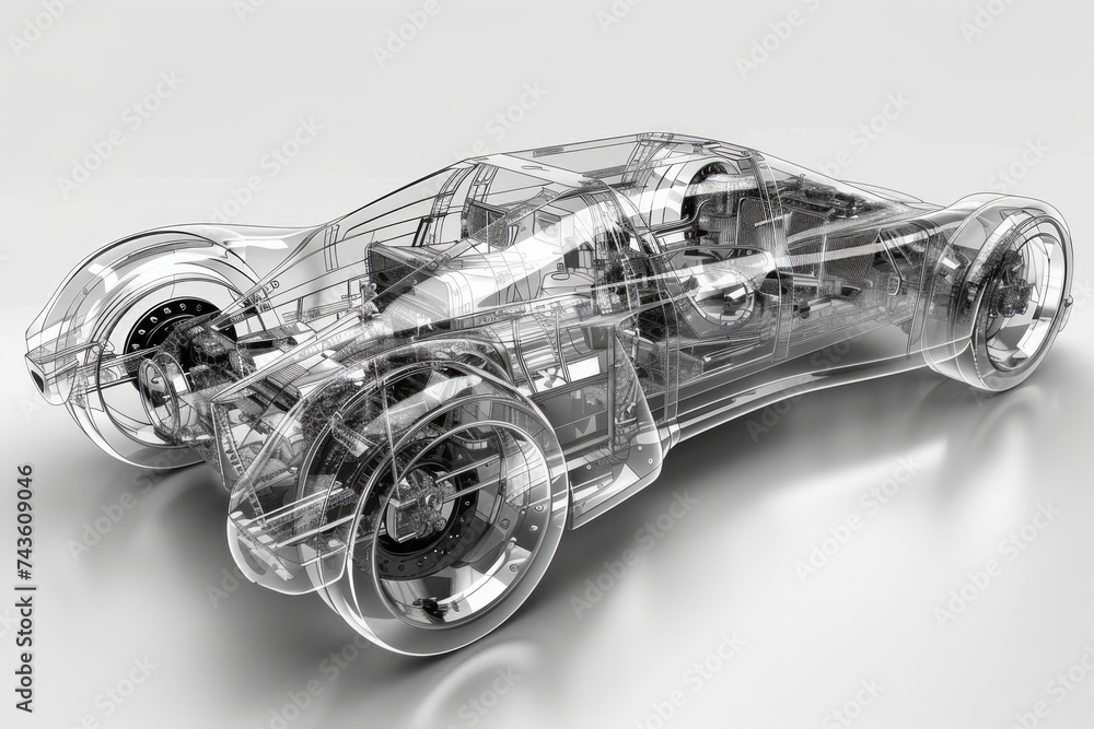 Aufkleber a transparent car design rendering that showcases the intricate internal mechanics and structure of 